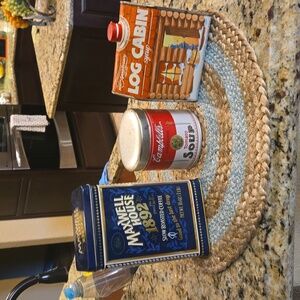 3 decor tins, maxwell house coffee, campbells soup, log cabin syrup